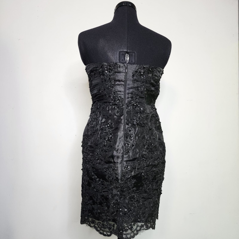 Black Embroidered Beaded Midi Formal Goth Prom Homecoming Strapless Alt Dress - Picture 5 of 10
